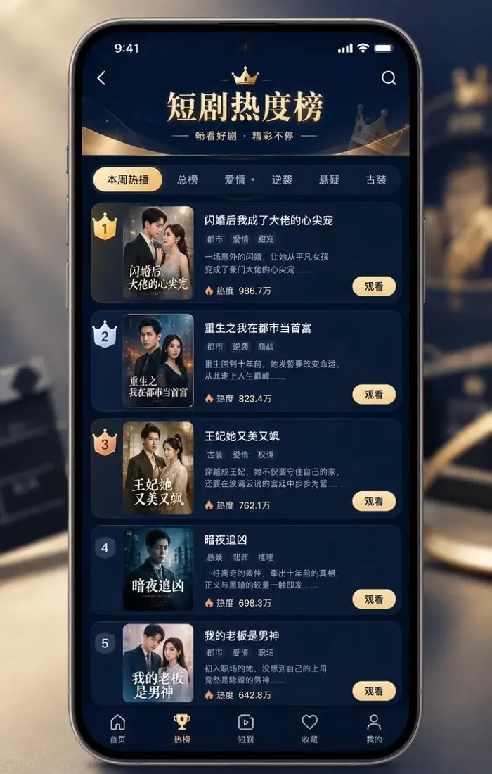 橙子短剧 APP 升职榜界面，编号排行与封面缩略图